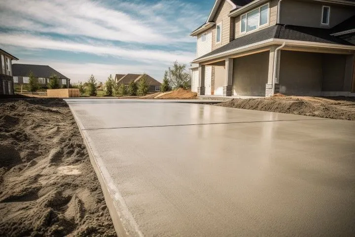 Newly poured concrete driveway in front of a two-story house under a blue sky (Benton, Arkansas)